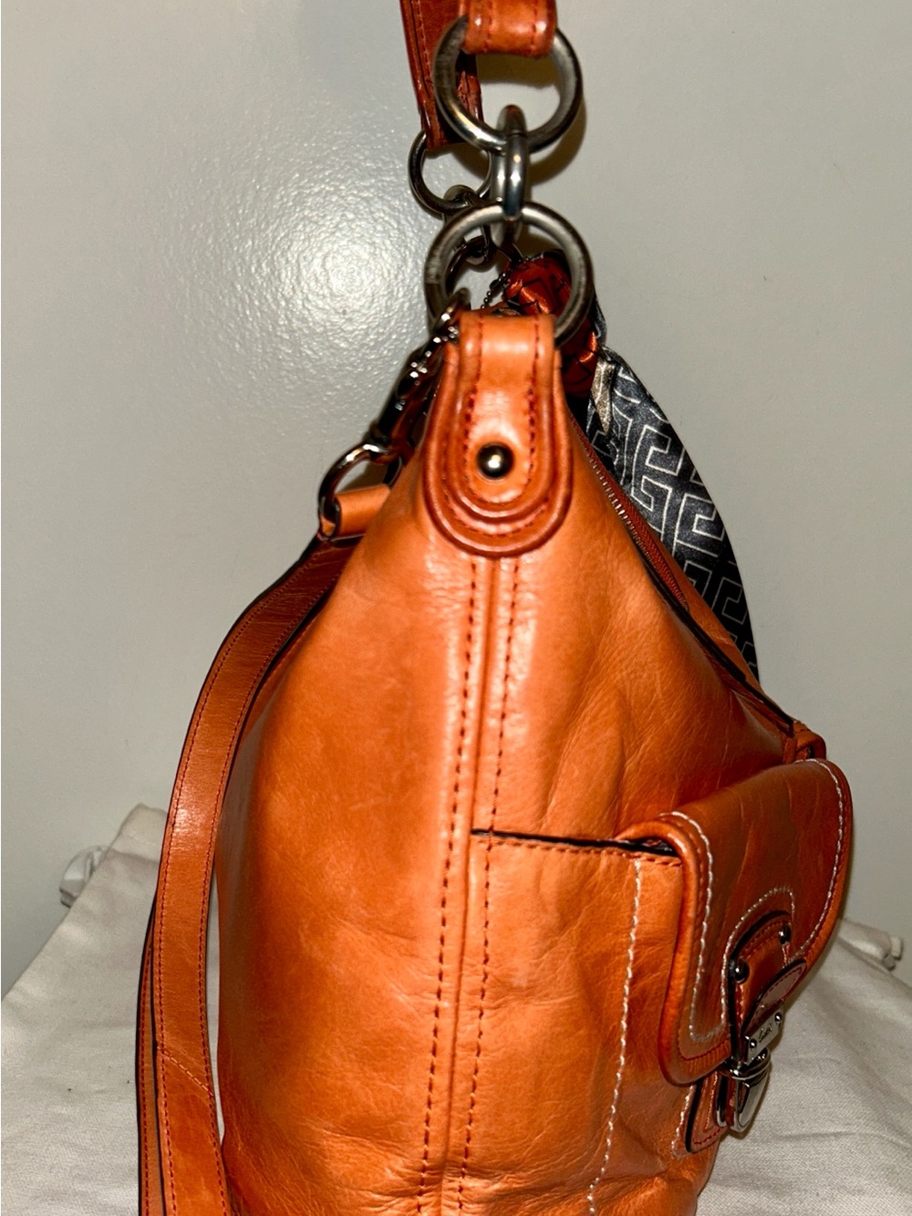 Coach Poppy Tangerine Waxed Leather Distressed Swing Messenger Hobo Purse - Picture 6 of 12